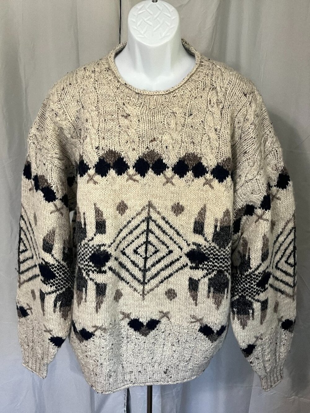 🧶 Vintage Chaps Ralph Lauren Men’s XL Hand Knit Sweater Cream Navy Crewneck 🔵